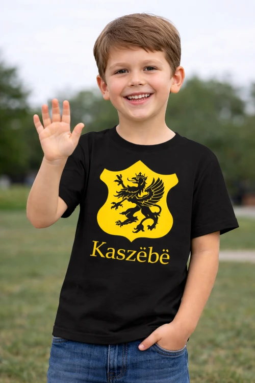Czarna-koszulka-dziecieca-z-kaszubskim-gryfem- napisem-Kaszebe