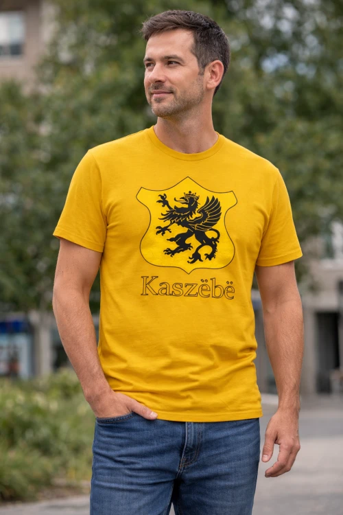 Koszulka-meska-z-kaszubskim-gryfem-napisem-Kaszebe-organiczna-bawelna