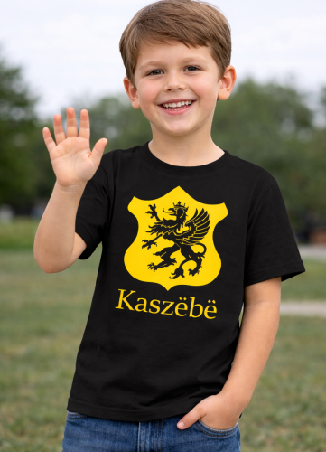 Czarna-koszulka-dziecieca-z-kaszubskim-gryfem- napisem-Kaszebe